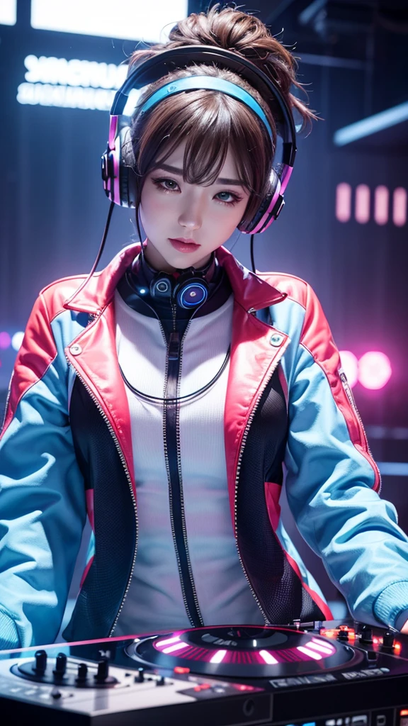 Best 8k quality Super realistic futuristic dj woman.
With super beautiful headphones .
Stylish clothes with vibrant colors.
It is in an environment that transmits a lot of music.
This centralizes, staring at the camera.