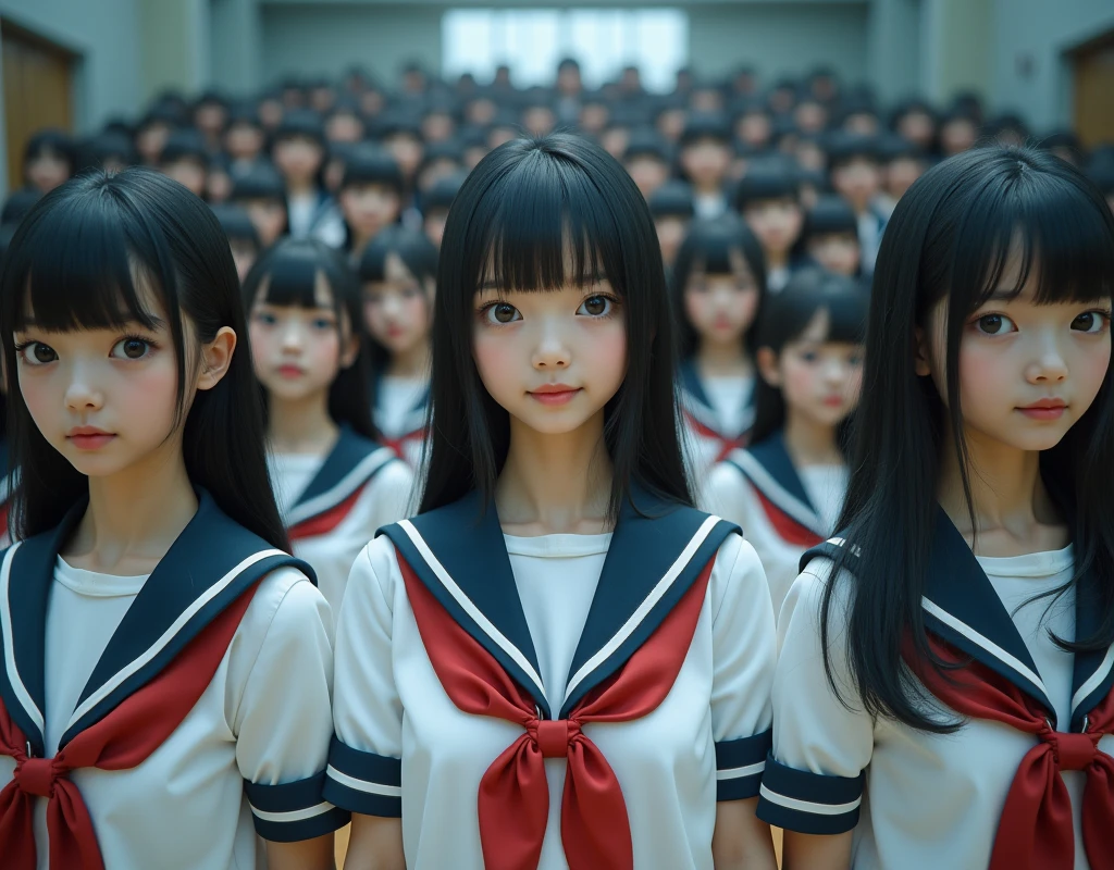 (Japanese Clone-girls=Myself), (Super Best masterpiece Clone-girls Raw Photography Art), (16K, Highest quality, Ultra-high resolution, RAW Photos), (It's so unrealistic., With unparalleled depiction, With an unfathomable sight, An unprecedented and shocking worldview, Clone-girls: In a world of mass reproduction, Ultra-realistic), (Japanese Girls, , Small face, Thick black hair, long hair, Dark Eyes, Mature face, かわいいsmile, Smiling face, A gentle gaze, Very pleasant look), (Very beautiful detailed girls, Accurate body structure, Accurate body movements, Very detailed body, (Super big breasts, Large bulge of ample breasts)), (Schoolgirl uniform, Short sleeve, mini skirt, Emphasise the fullness of your breasts), (Very detailed, Myself cloning, Depiction of splitting oneself, 1Myself girl→1,000,000,000,000,000,000,000,000,000,000Myself cloning girls), (Very detailed and intricate, Myself clone-girlsから, Myself's body is multiplying, A perfectly matched depiction, (In the same female body,With the same face, With the same hairstyle, In the same clothes, At the same height, 同じSuper big breasts)), (Myself girls only), Academy, gym, stage, academic level, Commemorative photo depiction, Group photo, Tiered stage photography, smile, Ultra-wide field of view