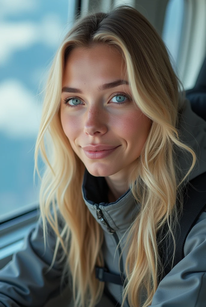 Create a realistic image of a 20 year old woman, long blond hair, blue eyes, cheekbones, ((full body)), makes a skydive with a monitor, background image, head feet, full body, hyper realistic photo