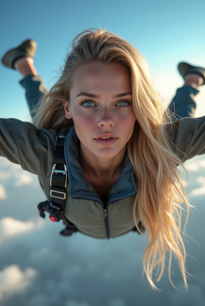 Create a realistic image of a 20 year old woman, long blond hair, blue eyes, cheekbones, ((full body)), makes a skydive with a monitor, background image, head feet, full body, hyper realistic photo