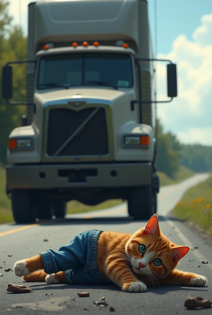 a big truck on the road hit a brown cat who's wearing blue jeans