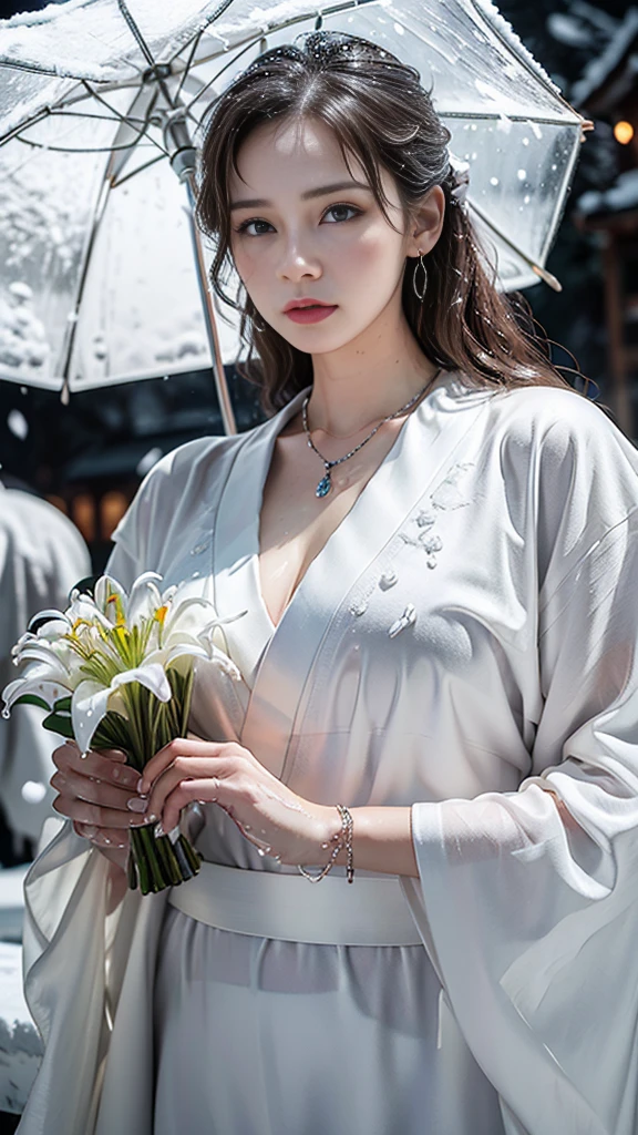 (RAW shooting, Photoreal:1.5, 8K, highest quality, masterpiece, ultra high resolution), ((((heavy snow, Blizzard)))), Highly detailed skin and facial textures:1.3, perfect dynamic composition:1.2, (In front of a shrine at night in a modern city, expression of sadness:0.9, Tears are flowing:0.9, cry with a broken heart:0.9), Slim office lady wet in the rain:1.3, cowboy shot, Fair skin:1.2, sexy beauty:1.1, perfect style:1.2, beautiful and aesthetic:1.1, very beautiful face:1.2, water droplets on the skin, (rain drips all over my body:1.2, wet body:1.2, wet hair:1.3), (Professional kimono dressing:1.1, Holding a bouquet of wet lilies:1.2, Wearing a wet silver kimono correctly:1.3), (Medium chest, Bra is sheer, Chest gap), (Eyes that feel beautiful eros:0.9, Too erotic:0.9, Bewitching:0.9), necklace, earrings, bracelet, wedding ring, Highly detailed hand and finger expressions