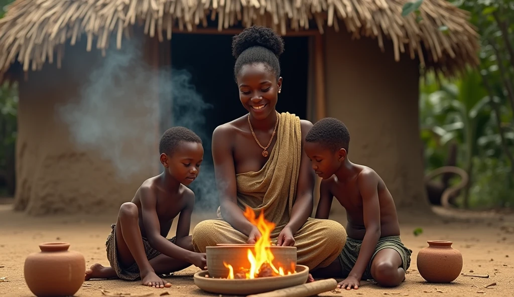 beautiful African woman with her three kids sitting in front of a hut cooking in a village