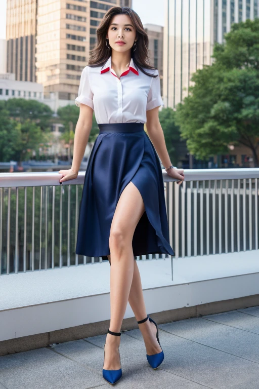 Colorful collared shirts、(Midi Skirt:1.2) 、Full Body Portrait、silk pantyhose、Sitting、Both legs and high heels look beautiful.、1 girl、Perfect body,Two well-balanced legs、 Perfect hands, Perfect Face, Perfect Eyes, Accurate,(Perfect Anatomy, Anatomically correct), Perfectly clear and sharp focus、Large Breasts、Modern architecture in the background、((Highest quality、Ultra-high resolution、masterpiece))