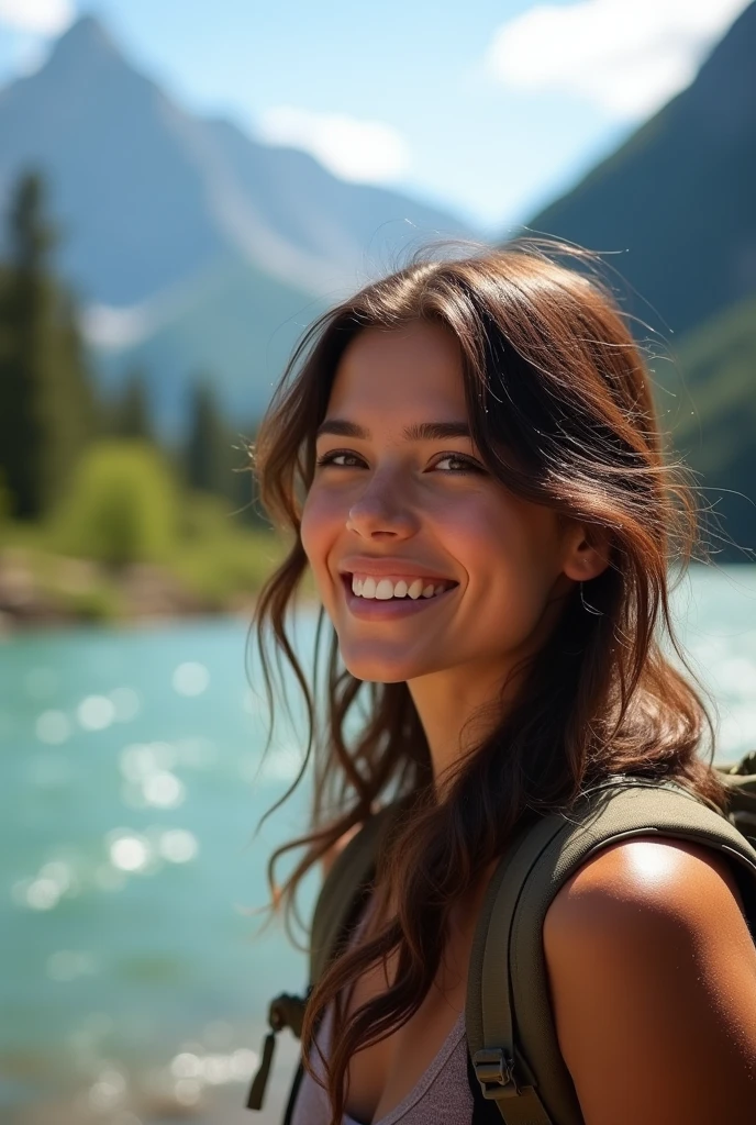 femme, 25ans, européenne, rivière, arrière plan montagne, brune, jolie, détail, photo réaliste, tante, rivière, contente, regard loin, selfie, haut du corps, teinte chaude, ultra qualité, texture de peau, randonné, bivouac, grain de peau, yeux marron clair, pétillante, naturellement belle