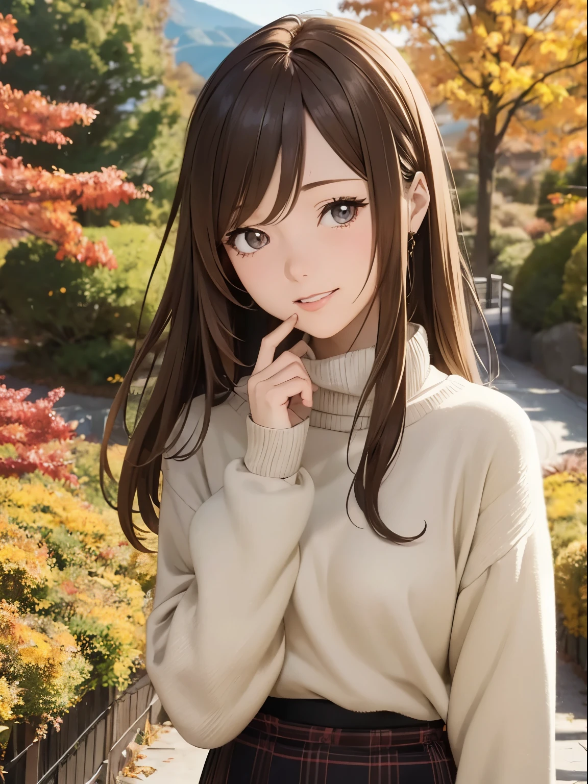 High resolution, 8k, Highest quality, detailed, Semi-realistic anime, Anime 3D Style, Smooth anime CG, One Girl, A 20-year-old Japanese woman, slim, Modeled, Shiny brown hair, detailedな顔, Beautiful and detailed, Glowing Skin, Hard Focus、Film Grain, Soft lighting, Looking at the audience, Laughter, (Warm sweaters and skirts、Autumn-like calm colors), A quiet mountain path with vibrant autumn foliage