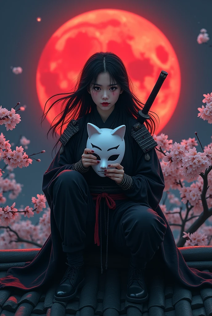 The action of a 30 year old Indonesian woman, long black hair, sitting squatting on the edge of the roof of a Japanese house, holding a white cat-shaped mask, wearing a ninja costume, there is a blood stain effect on the costume. wearing iron armor complete with a large rope tied around his waist, long black trousers and tabi, there is a samurai sword placed on his back. his gaze is very sharp, the night atmosphere with the background of a large, bright red full moon adds to the drama of his narrative. atmosphere, flowers and cherry trees at night, hair blowing in the wind, cold, realistic details of a cold night scene realistic details of a cold night scene in a Japanese city
