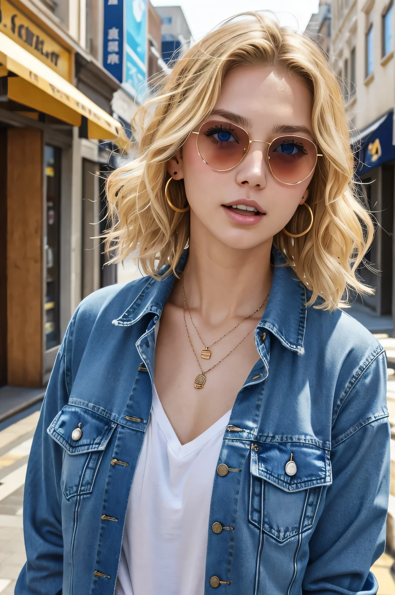 Blonde Caucasian Woman、, Wavy Hair、short hair、, blue eyes,、Please open your mouth a little、Denim jacket、shirt、sunglasses、ear piercing、necklace、、The background is a city street
