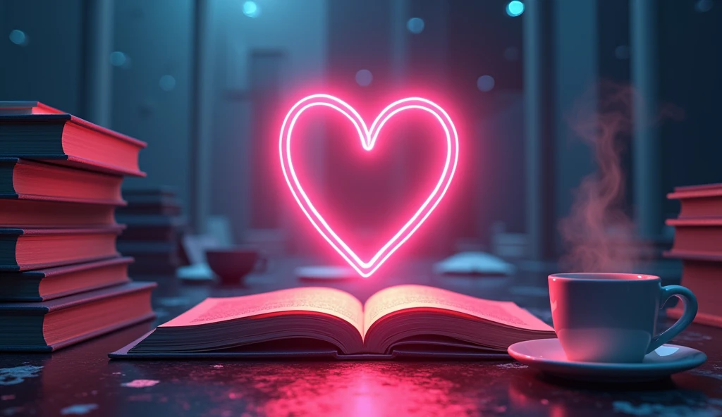 Heart neon object、Cyberspace、High definition、Anime Style、Many books、coffee