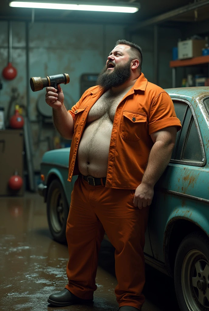 30 year old burly mechanic with a protruding belly wearing an orange uniform, he is leaning against a car and masturbating with his erect penis in his hand, dirty with oil and grease, dramatic and cinematic lighting, dirty man, dirt