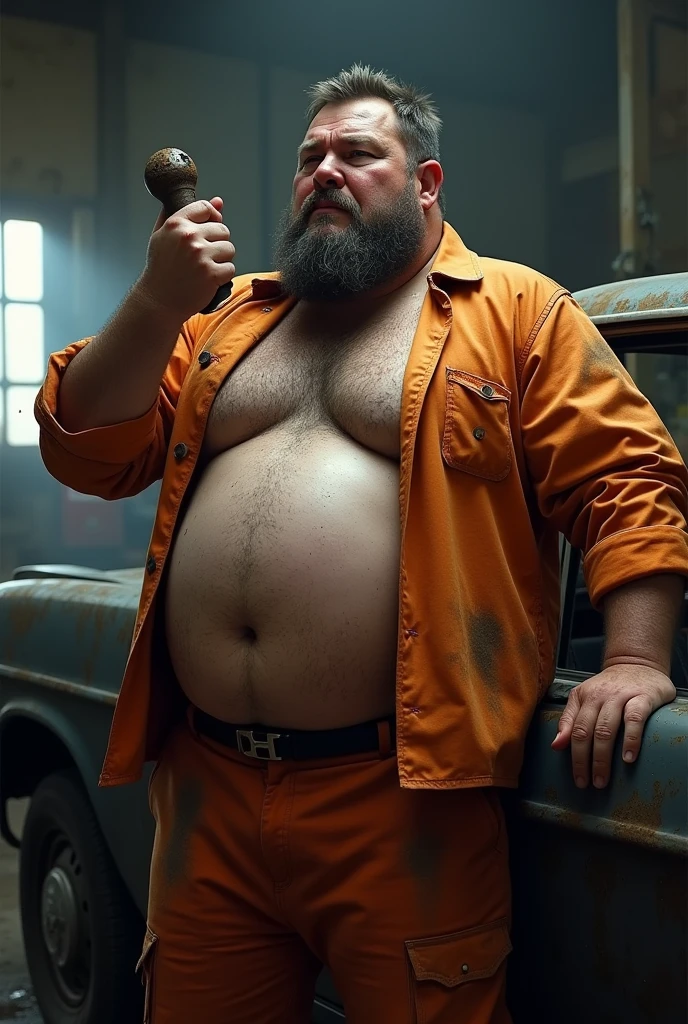 30 year old burly mechanic with a protruding belly wearing an orange uniform, he is leaning against a car and masturbating with his erect penis in his hand, dirty with oil and grease, dramatic and cinematic lighting, dirty man, dirt