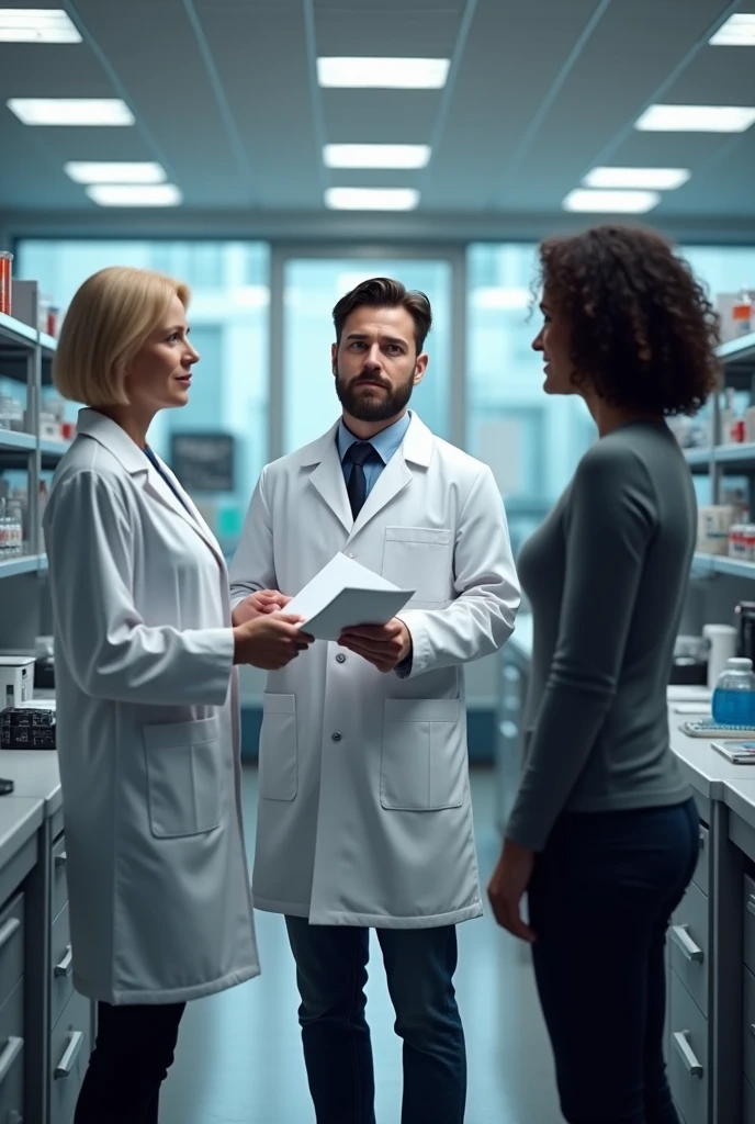 Three people are in the lab standing, they are wearing lab coats. One of them is early 60s woman, blonde short size hair and she is the auditor, holding some documents. One auditee is at early 30s man handsome with dark hair, beard and blue eyes, other auditte is middle early 40s woman with mid sized dark curly hair, hair not binded, she is from europe without African roots. All three's faces are visible and look real people from pictures. They are in a company called Novonesis. They are talking to each other not looking at the camera