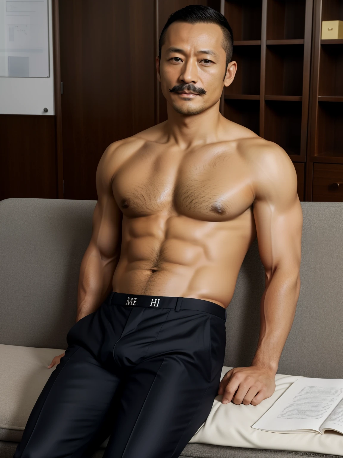 40 years old，Hidetoshi Nakata，（Kogoro Mori 1.3），whole body，Lean，muscle，office，black，foot，Suit，transparent袜子，foot抬起，sofa，Baldhead ，transparent，Thick body hair，underwear，Topless，Densely hairy，Fortitude，HD，With a mustache