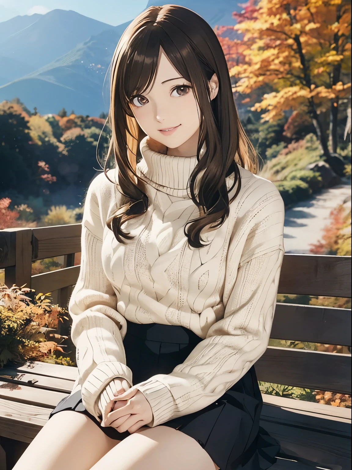 High resolution, 8k, Highest quality, detailed, Semi-realistic anime, Anime 3D Style, Smooth anime CG, One Girl, A 20-year-old Japanese woman, slim, Modeled, Shiny brown hair, detailedな顔, Beautiful and detailed, Glowing Skin, Hard Focus、Film Grain, Soft lighting, Looking at the audience, Laughter, (Warm sweaters and skirts、Autumn-like calm colors), A quiet mountain path with vibrant autumn foliage