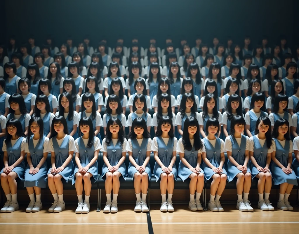 (Japanese Clone-girls=Myself), (Super Best masterpiece Clone-girls Raw Photography Art), (16K, Highest quality, Ultra-high resolution, RAW Photos), (It's so unrealistic., With unparalleled depiction, With an unfathomable sight, An unprecedented and shocking worldview, Clone-girls: In a world of mass reproduction, Ultra-realistic), (Japanese Girls, 16yo, Small face, Thick black hair, long hair, Dark Eyes, Mature face, かわいいsmile, Smiling face, A gentle gaze, Very pleasant look), (Very beautiful detailed girls, Accurate body structure, Accurate body movements, Very detailed body, (Super big breasts, Large bulge of ample breasts)), (Schoolgirl uniform, Short sleeve, mini skirt, Emphasise the fullness of your breasts), (Very detailed, Myself cloning, Depiction of splitting oneself, 1Myself girl→1,000,000,000,000,000,000,000,000,000,000Myself cloning girls), (Very detailed and intricate, Myself clone-girlsから, Myself's body is multiplying, A perfectly matched depiction, (In the same female body,With the same face, With the same hairstyle, In the same clothes, At the same height, 同じSuper big breasts)), (Myself girls only), Academy, gym, stage, academic level, Commemorative photo depiction, Group photo, Tiered stage photography, smile, Ultra-wide field of view