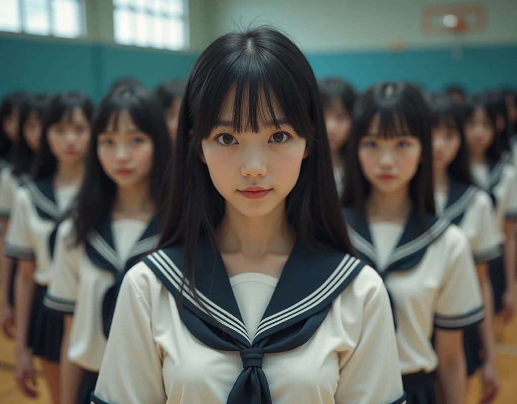 (Japanese Clone-girls=Myself), (Super Best masterpiece Clone-girls Raw Photography Art), (16K, Highest quality, Ultra-high resolution, RAW Photos), (It's so unrealistic., With unparalleled depiction, With an unfathomable sight, An unprecedented and shocking worldview, Clone-girls: In a world of mass reproduction, Ultra-realistic), (Japanese Girls, 16yo, Small face, Thick black hair, long hair, Dark Eyes, Mature face, かわいいsmile, Smiling face, A gentle gaze, Very pleasant look), (Very beautiful detailed girls, Accurate body structure, Accurate body movements, Very detailed body, (Super big breasts, Large bulge of ample breasts)), (Schoolgirl uniform, Short sleeve, mini skirt, Emphasise the fullness of your breasts), (Very detailed, Myself cloning, Depiction of splitting oneself, 1Myself girl→1,000,000,000,000,000,000,000,000,000,000Myself cloning girls), (Very detailed and intricate, Myself clone-girlsから, Myself's body is multiplying, A perfectly matched depiction, (In the same female body,With the same face, With the same hairstyle, In the same clothes, At the same height, 同じSuper big breasts)), (Myself girls only), Academy, gym, stage, academic level, Commemorative photo depiction, Group photo, Tiered stage photography, smile, Ultra-wide field of view