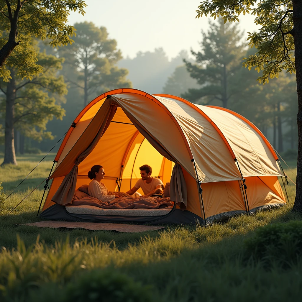 4K、Large 5 person camping tent、Highest quality,4K,8k,High resolution,masterpiece:1.2,Very detailed,Realist,fotorRealist:1.37 ,Filtered natural light,Warm Gold、Deep color and attention to detail, Emphasise the warmth and comfort of the scene