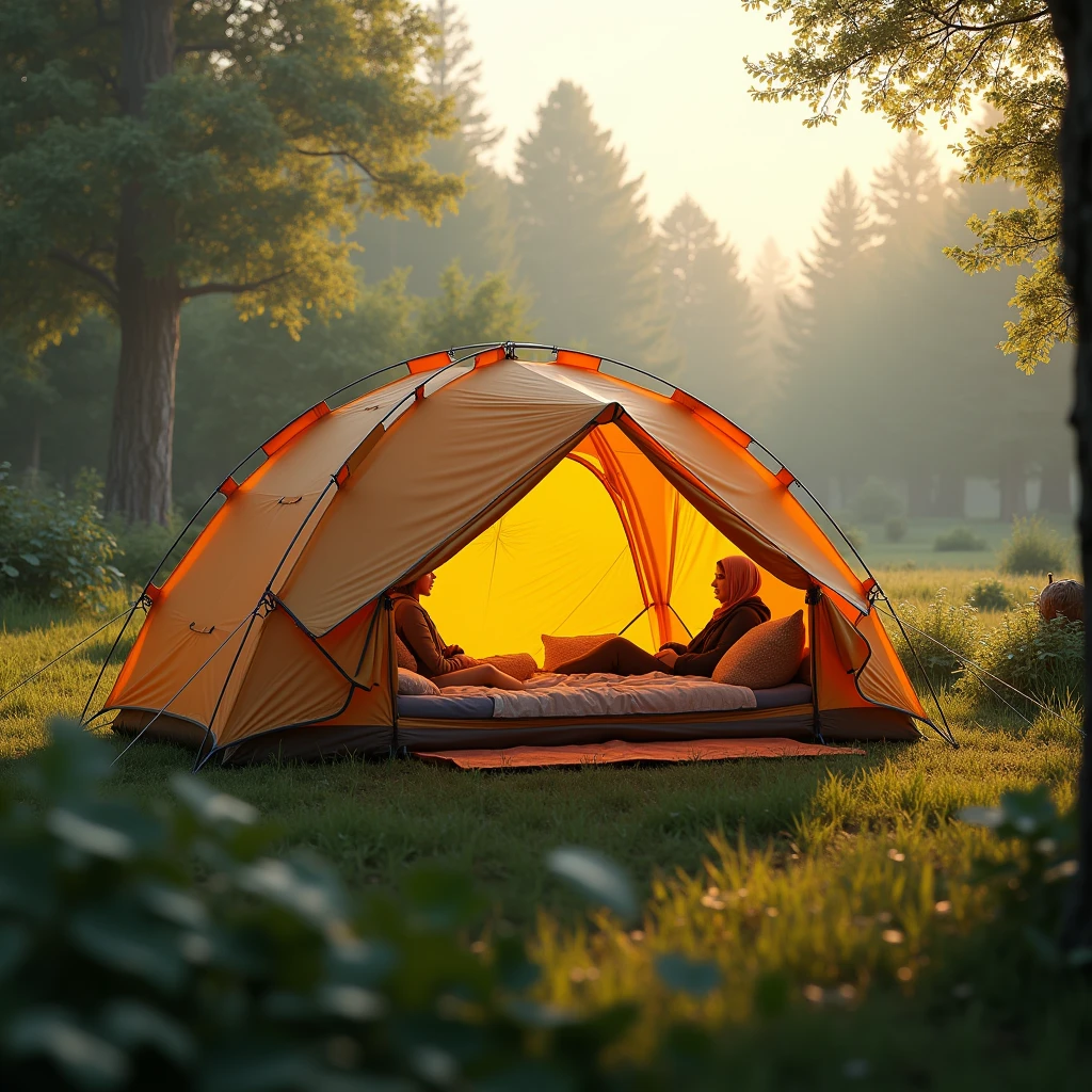 4K、Large 5 person camping tent、Highest quality,4K,8k,High resolution,masterpiece:1.2,Very detailed,Realist,fotorRealist:1.37 ,Filtered natural light,Warm Gold、Deep color and attention to detail, Emphasise the warmth and comfort of the scene