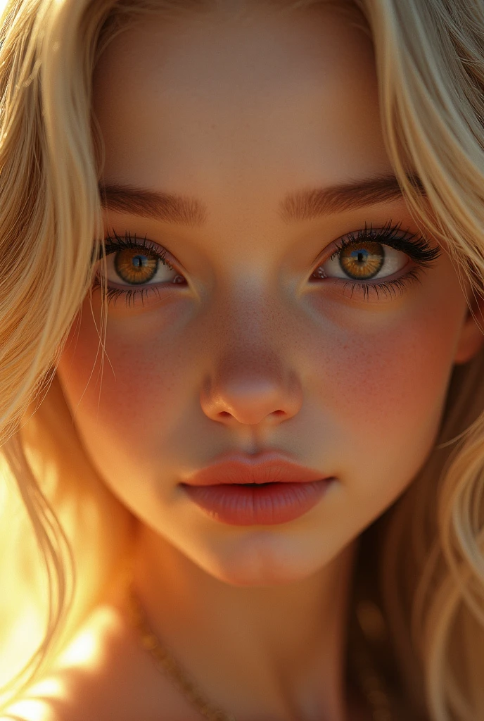 beautiful 1 blonde girl with brown eyes, highly detailed portrait, extremely detailed face, beautiful detailed eyes, beautiful detailed lips, beautiful detailed skin, intricate details, photorealistic, cinematic lighting, natural lighting, detailed environment, lush garden, golden hour, vibrant colors, warm tones, soft focus, hyper realistic, masterpiece, best quality, 8k