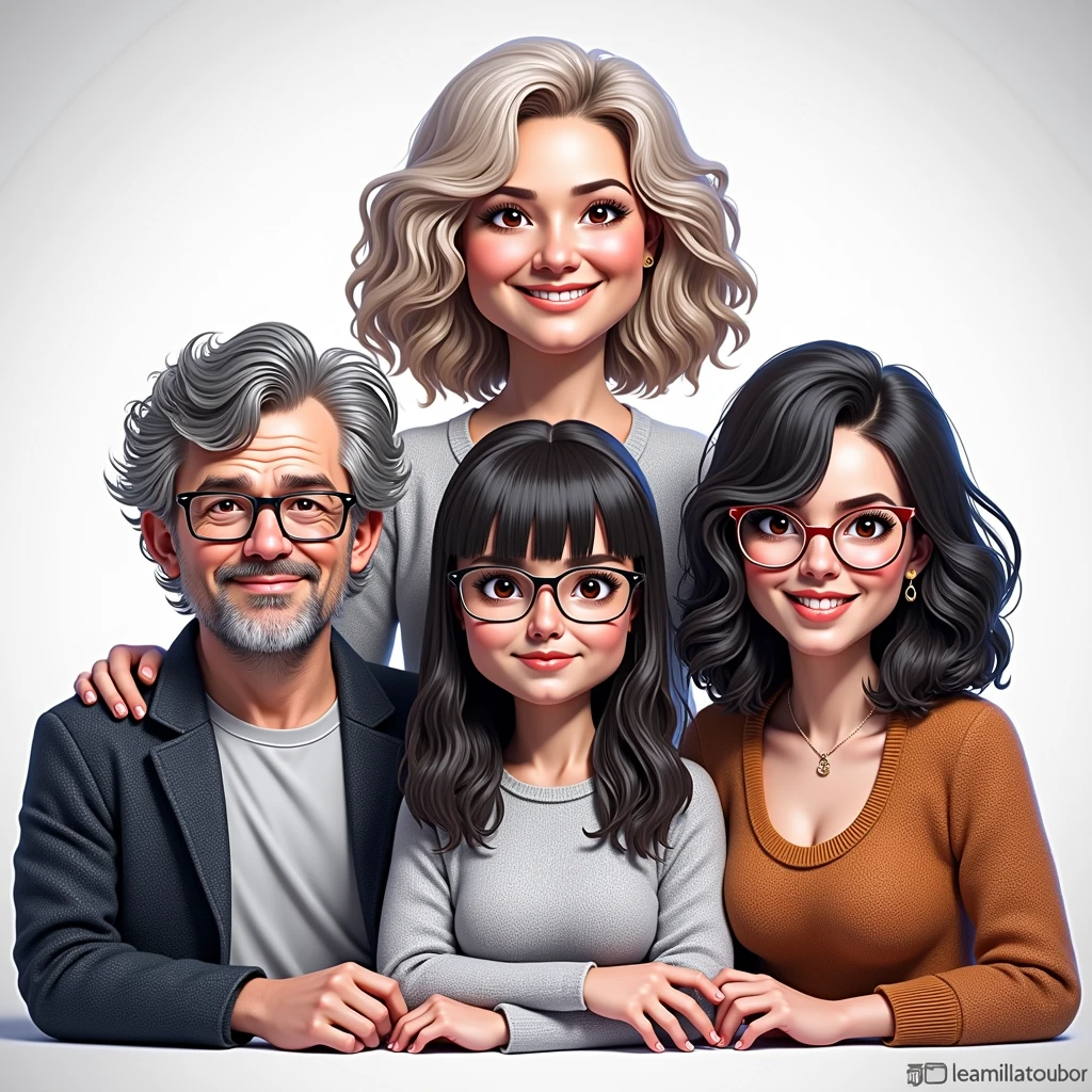 3D realistic caricature drawing.
The family consists of:

A 50-year-old father with very short hair.

A 4 chubby mother with brown hair.

Two teenage girls, with long black hair and glasses.

with a color gradient background