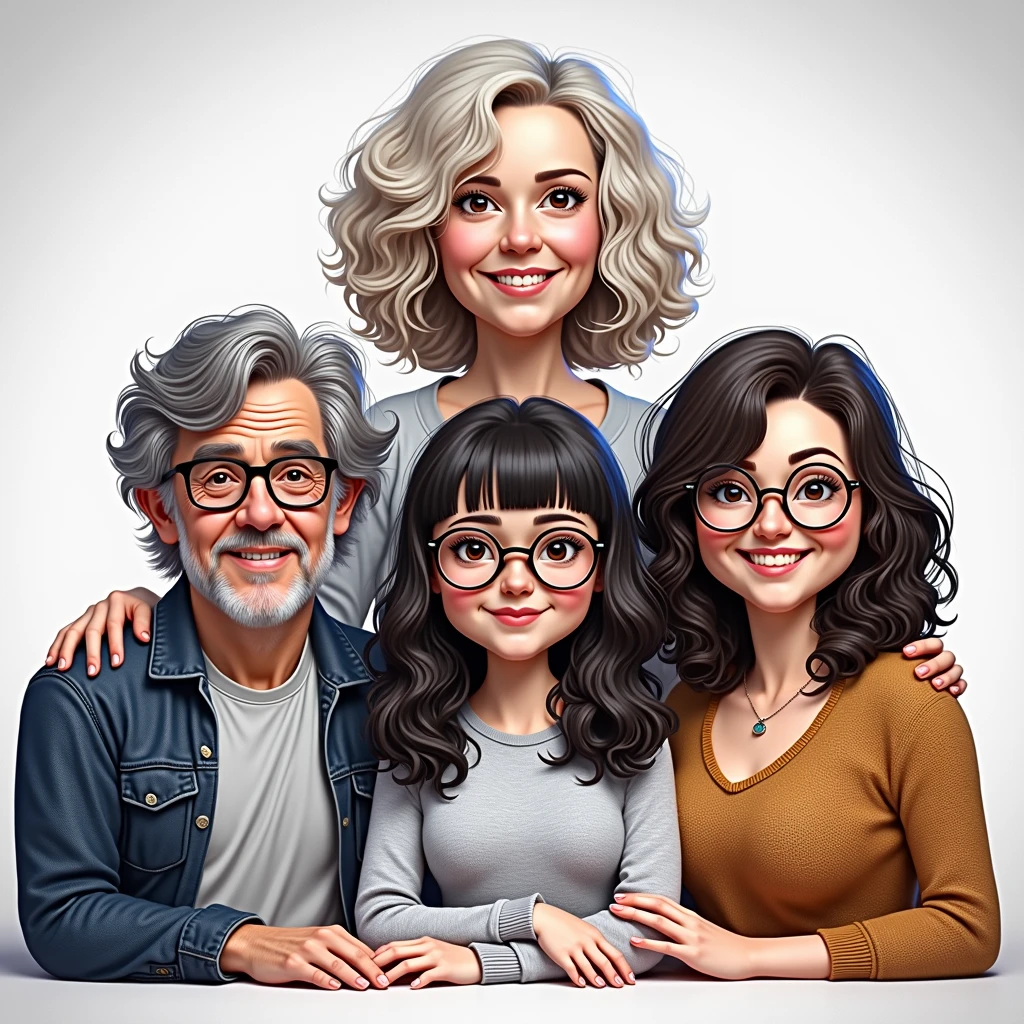3D realistic caricature drawing.
The family consists of:
A 50-year-old father with very short hair.
A 4 chubby mother with brown hair.
Two age girls, with long black hair and glasses.
with a color gradient background