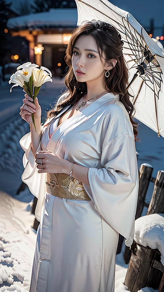 (RAW shooting, Photoreal:1.5, 8K, highest quality, masterpiece, ultra high resolution), ((((heavy snow, Blizzard)))), Highly detailed skin and facial textures:1.3, perfect dynamic composition:1.2, (In front of a shrine at night in a modern city, expression of sadness:1.0, Tears are flowing:1.0, cry with a broken heart:1.0), Slim office lady wet in the rain:1.3, cowboy shot, Fair skin:1.2, sexy beauty:1.1, perfect style:1.2, beautiful and aesthetic:1.1, very beautiful face:1.2, water droplets on the skin, (rain drips all over my body:1.2, wet body:1.2, wet hair:1.3), (Professional kimono dressing:1.1, Holding a bouquet of wet lilies:1.2, How to properly wear a wet pure white kimono:1.3), (Medium chest, bra is see-through, Chest gap), (Eyes that feel beautiful eros:0.8, Too erotic:0.8, Bewitching:0.8), necklace, earrings, bracelet, wedding ring, Highly detailed hand and finger expressions