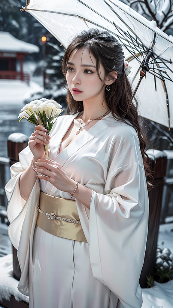 (RAW shooting, Photoreal:1.5, 8K, highest quality, masterpiece, ultra high resolution), ((((heavy snow, Blizzard)))), Highly detailed skin and facial textures:1.3, perfect dynamic composition:1.2, (In front of a shrine at night in a modern city, expression of sadness:1.0, Tears are flowing:1.0, cry with a broken heart:1.0), Slim office lady wet in the rain:1.3, cowboy shot, Fair skin:1.2, sexy beauty:1.1, perfect style:1.2, beautiful and aesthetic:1.1, very beautiful face:1.2, water droplets on the skin, (rain drips all over my body:1.2, wet body:1.2, wet hair:1.3), (Professional kimono dressing:1.1, Holding a bouquet of wet lilies:1.2, How to properly wear a wet pure white kimono:1.3), (Medium chest, bra is see-through, Chest gap),  (Eyes that feel beautiful eros:0.8, Too erotic:0.8, Bewitching:0.8), necklace, earrings, bracelet, wedding ring, Highly detailed hand and finger expressions