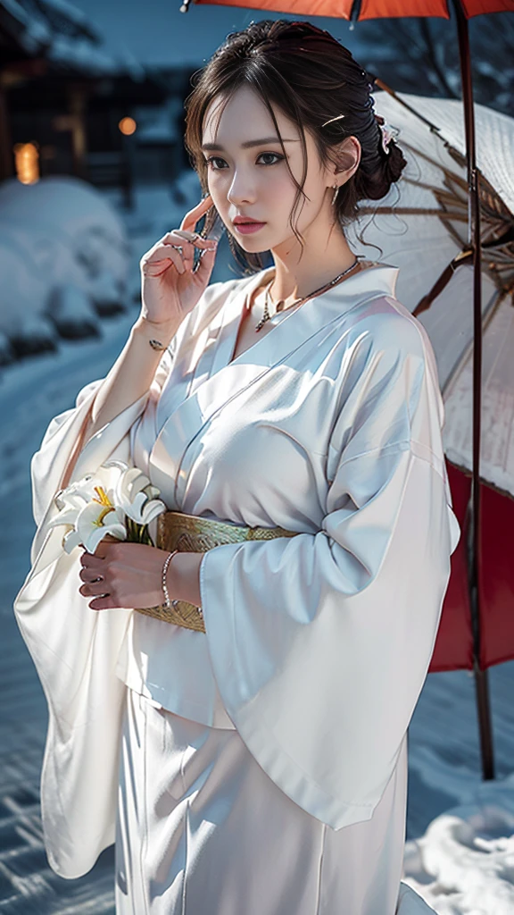 (RAW shooting, Photoreal:1.5, 8K, highest quality, masterpiece, ultra high resolution), ((((heavy snow, Blizzard)))), Highly detailed skin and facial textures:1.3, perfect dynamic composition:1.2, (In front of a shrine at night in a modern city, expression of sadness:1.0, Tears are flowing:1.0, cry with a broken heart:1.0), Slim office lady wet in the rain:1.3, cowboy shot, Fair skin:1.2, sexy beauty:1.1, perfect style:1.2, beautiful and aesthetic:1.1, very beautiful face:1.2, water droplets on the skin, (rain drips all over my body:1.2, wet body:1.2, wet hair:1.3), (Professional kimono dressing:1.1, Holding a bouquet of wet lilies:1.2, How to properly wear a wet pure white kimono:1.3), (Medium chest, bra is see-through, Chest gap),  (Eyes that feel beautiful eros:0.8, Too erotic:0.8, Bewitching:0.8), necklace, earrings, bracelet, wedding ring, Highly detailed hand and finger expressions