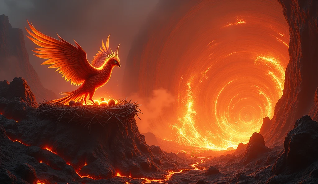 A breathtaking scene of a Phoenix nest perched within the heart of a massive, active volcano. The Phoenix is seen tending to its glowing, ember-like eggs, surrounded by a swirling aura of fire and heat. The volcano’s interior is a mix of flowing lava, sharp obsidian rocks, and pillars of smoke rising towards the crater’s opening. The Phoenix itself glows with an inner fire, its feathers shimmering in shades of red, orange, and gold. The atmosphere is intense, with the heat and light of the volcano creating a dramatic and otherworldly environment.
