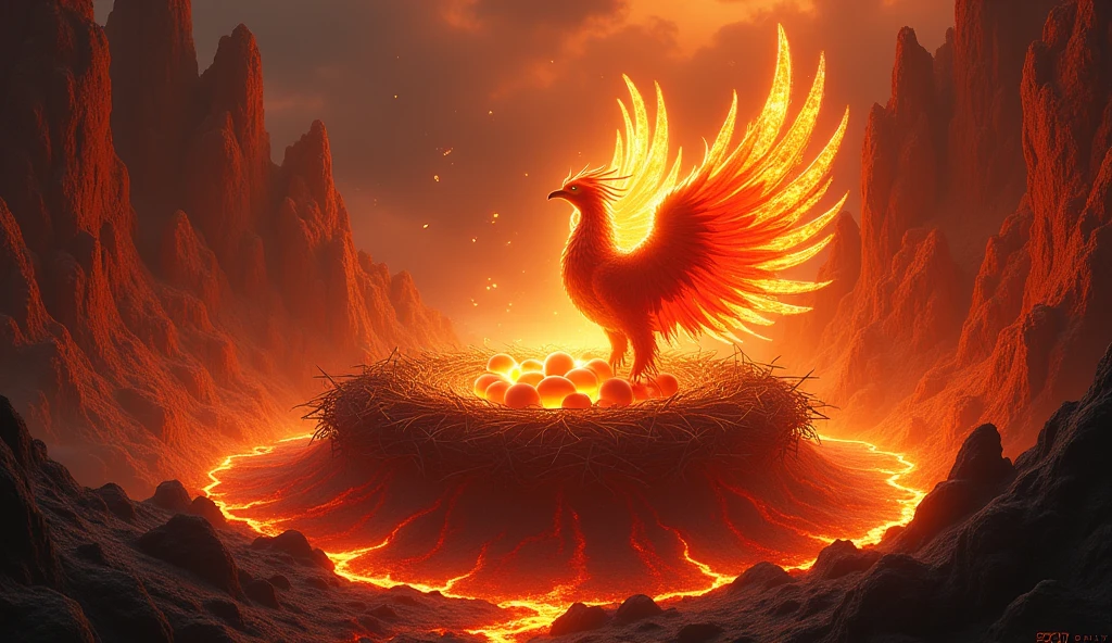 A breathtaking scene of a Phoenix nest perched within the heart of a massive, active volcano. The Phoenix is seen tending to its glowing, ember-like eggs, surrounded by a swirling aura of fire and heat. The volcano’s interior is a mix of flowing lava, sharp obsidian rocks, and pillars of smoke rising towards the crater’s opening. The Phoenix itself glows with an inner fire, its feathers shimmering in shades of red, orange, and gold. The atmosphere is intense, with the heat and light of the volcano creating a dramatic and otherworldly environment.