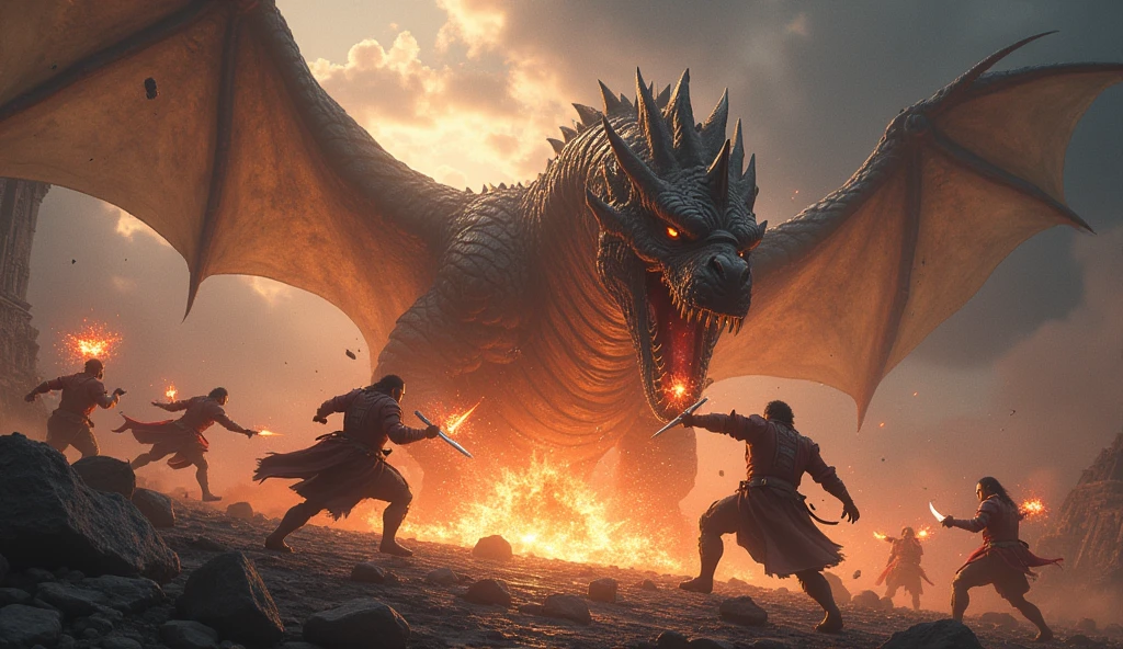 (best quality,4K,8k,highres,masterpiece:1.2),ultra-detailed,Powerful Movement、jump on prey、((Dynamic Jumps)),(realistic,photorealistic,photo-realistic:1.37),Final Showdown,fierce battle,explosive energy,dynamic movements,dramatic lighting,loud explosions,metallic clangs,blazing fire,powerful magic,thundering roars,ultimate clash,epic confrontation,intense expressions,majestic ruins,fallen debris,floating dust particles,ominous dark clouds,stormy atmosphere,fearless warriors,gleaming weapons,glowing sigils,energy surges,rippling shockwaves,moment of truth,tremendous impact,ferocious Dragon,intense adrenaline,unyielding determination,eye-catching silhouettes,iconic poses,endless cinematic action,unforgettable climax.