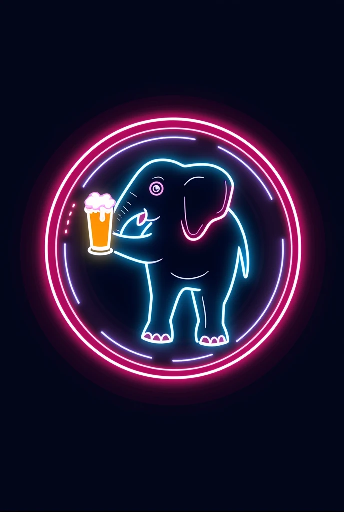 A minimalistic neon-lined emblem featuring an elephant holding a beer, outlined with neon lines. The elephant is surrounded by simple brain icons, also outlined in neon. The design is clean and minimalistic, focused on the neon contours, with the elephant either standing or in motion. This is a university party poster, with ample space for large text, set against a dark background for a vibrant, academic atmosphere.