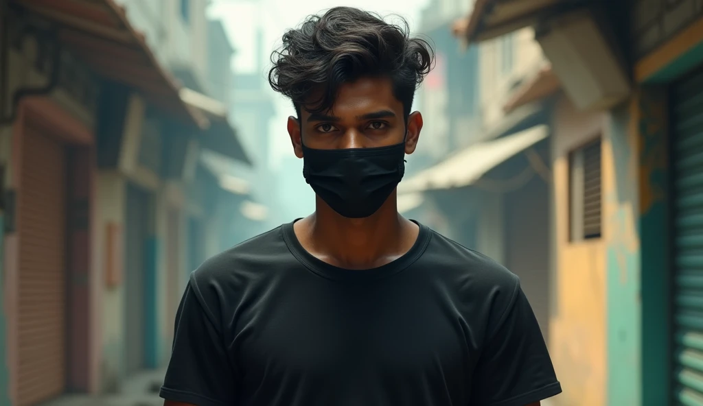 A Indian men wearing mask on the face because he didn't wants to revile own face and he also wear black t-shirt. Short mask use and image some jome. The men is young and his colour is Indian white