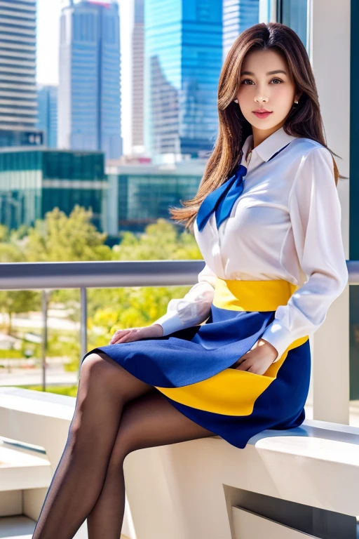 Colorful collared shirts、(Midi Skirt:1.2) 、Full Body Portrait、silk pantyhose、Sitting、Both legs and high heels look beautiful.、1 girl、Perfect body,Two well-balanced legs、 Perfect hands, Perfect Face, Perfect Eyes, Accurate,(Perfect Anatomy, Anatomically correct), Perfectly clear and sharp focus、Large Breasts、Modern architecture in the background、((Highest quality、Ultra-high resolution、masterpiece))