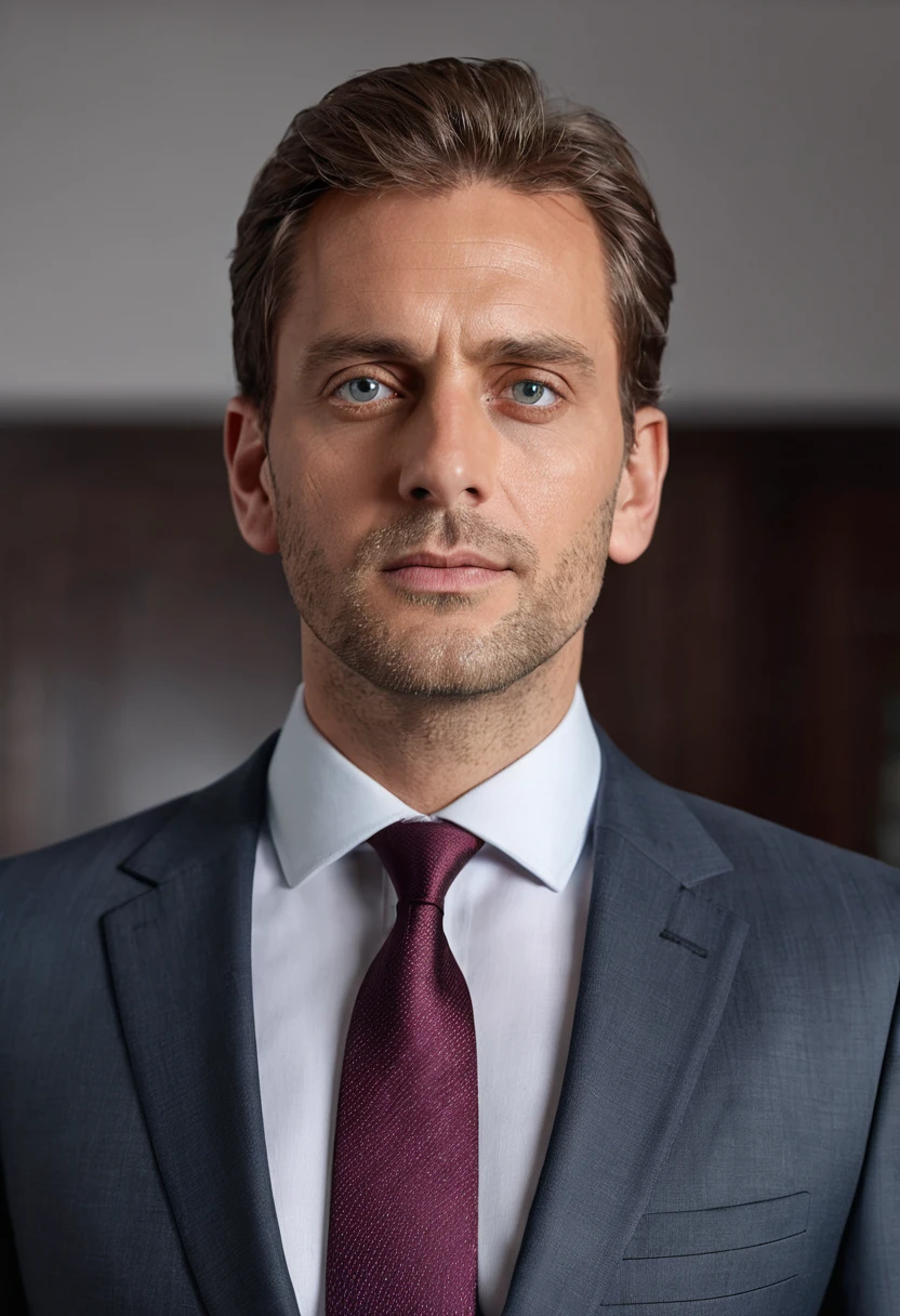 Man standing 30 years in suit and tie, Body and head straight in the photo, Facing the viewer of the photo, Eyes fixed on the lens, You will see the shoulders and head in the photo, The man in the center of the photo, 8K, Best Quality, masutepiece, Realistic, photos realistic, Cinematic Photography, A hyper-realistic, 1 person, Detailed, Perfect Lighting,  DSRL, professional photograpy, 4K , Cool