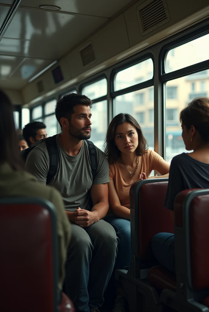 The man entered the bus and sat down next to the woman.