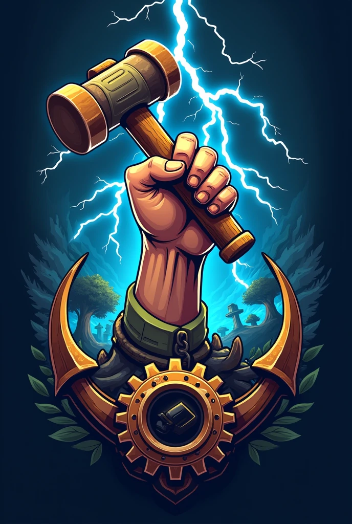 help me create logo concepts with hand hold hammer, thunder, root, anchor, and gear 