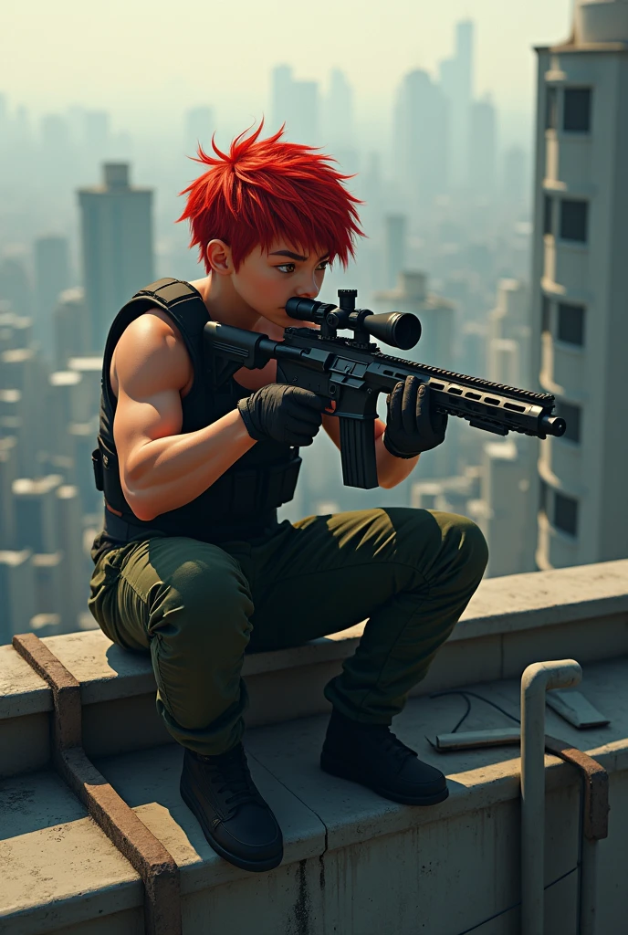 A buff red head kid with a sniper in a roof top 