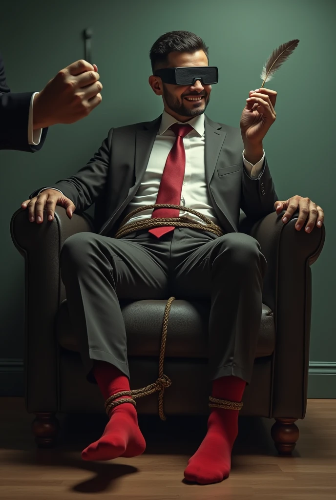 There is a handsome businessman from Malaysia named Haqiem tangan,legs with red socks tied to a chair and eyes covered with a cloth The kidnapper tickled Haqiem's soles with a chicken feather and Haqiem laughed with amusement as his soles were tickled