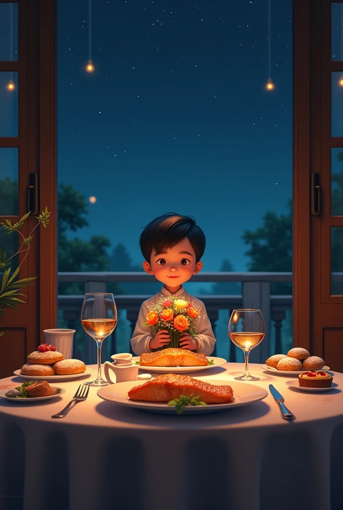 a table in a fancy restaurant with pan-fried salmon and some French pastries dark sky opposite a 1 Vietnamese boy holding a bouquet of flowers