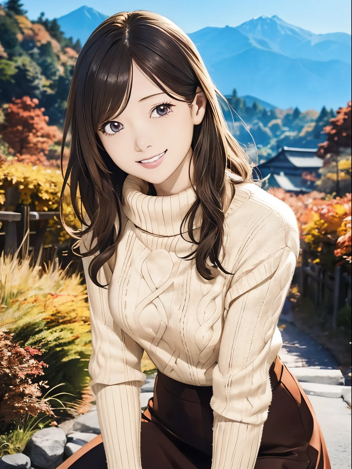 High resolution, 8k, Highest quality, detailed, Semi-realistic anime, Anime 3D Style, Smooth anime CG, One Girl, A 20-year-old Japanese woman, slim, Modeled, Shiny brown hair, detailedな顔, Beautiful and detailed, Glowing Skin, Hard Focus、Film Grain, Soft lighting, Looking at the audience, Laughter, (Warm sweaters and skirts、Autumn-like calm colors), A quiet mountain path with vibrant autumn foliage