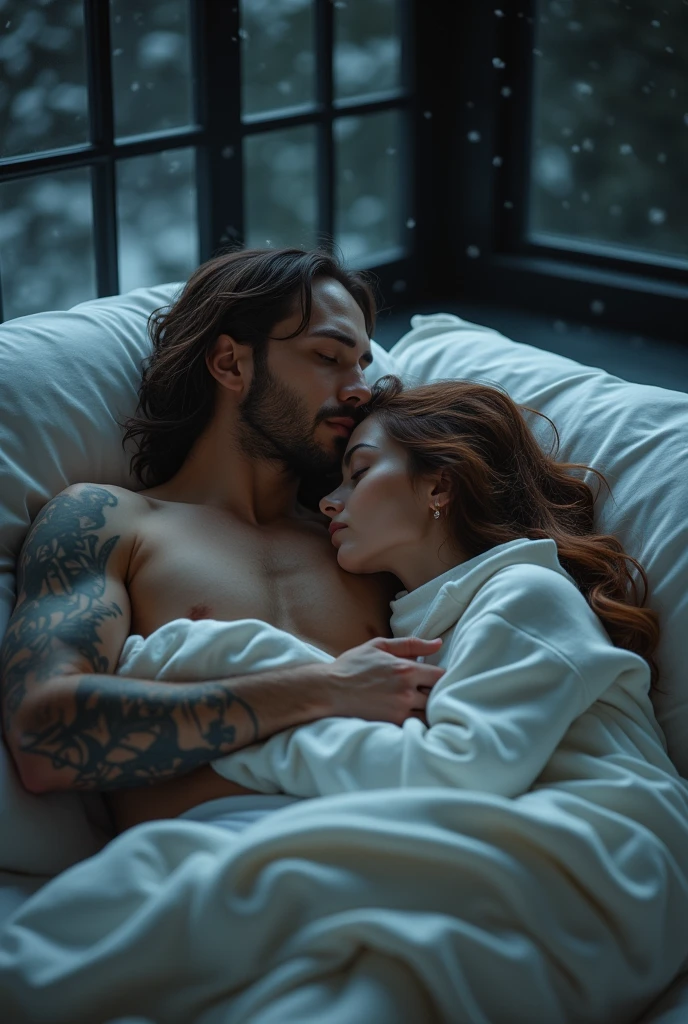 creating dynamic poses and long angle shots, a couple sleeping in a large bed,a man lying relaxed with his eyes closed, Yaman pode, 20 year, long brown hair with bun, strong square chin, defined chin, thin moustache, strong muscular physique, tattooed arm and hand, wearing no shirt, him&#39;is just wearing white boxer briefs with a big penis. Do lado dhim está dormindo uma jovem mulher, 20 year, Kennedy Walsh, phim branca delicada, freckles, very long silky brown hair with bangs, a usar um sweatshirt branco largo, covered with blanket, hugging him a little. They are sleeping on a large white bed in a dark modern room at night with window panes showing the falling snow.