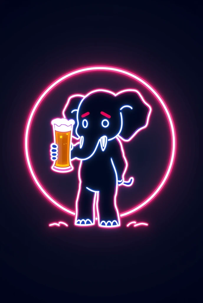 A minimalistic neon-lined emblem featuring an elephant holding a beer, outlined with neon lines. The elephant is surrounded by simple brain icons, also outlined in neon. The design is clean and minimalistic, focused on the neon contours, with the elephant either standing or in motion. This is a university party poster, with ample space for large text, set against a dark background for a vibrant, academic atmosphere.