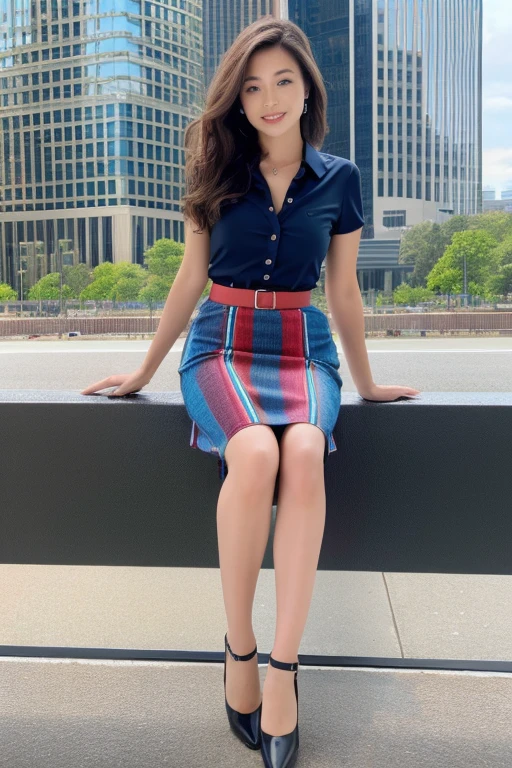Colorful collared shirts、(Midi Skirt:1.2) 、Full Body Portrait、silk pantyhose、Sitting、Both legs and high heels look beautiful.、1 girl、Perfect body,Two well-balanced legs、 Perfect hands, Perfect Face, Perfect Eyes, Accurate,(Perfect Anatomy, Anatomically correct), Perfectly clear and sharp focus、Large Breasts、Modern architecture in the background、((Highest quality、Ultra-high resolution、masterpiece)) 
