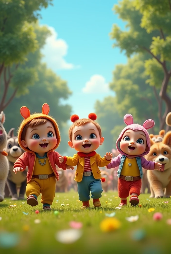 Create a video of babies parading with wild animals