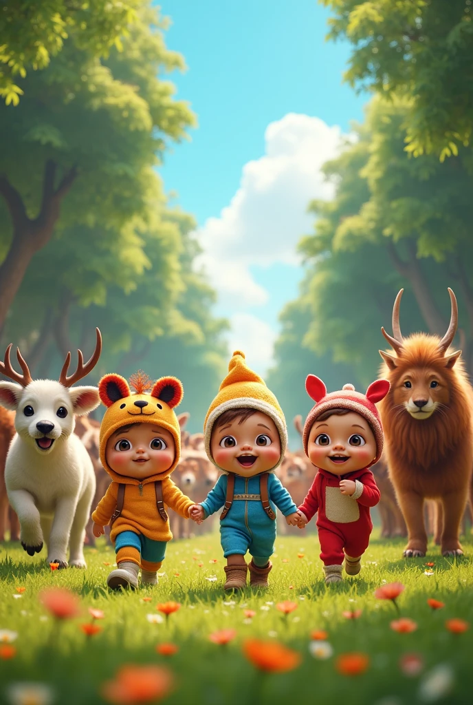 Create a video of babies parading with wild animals 