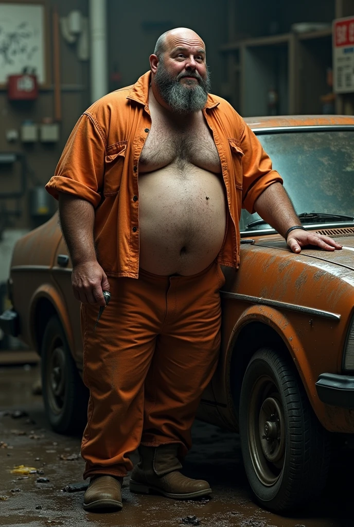 30 year old burly mechanic with a protruding belly wearing an orange uniform, he is leaning against a car and masturbating with his erect penis in his hand, dirty with oil and grease, dramatic and cinematic lighting, dirty man, dirt
