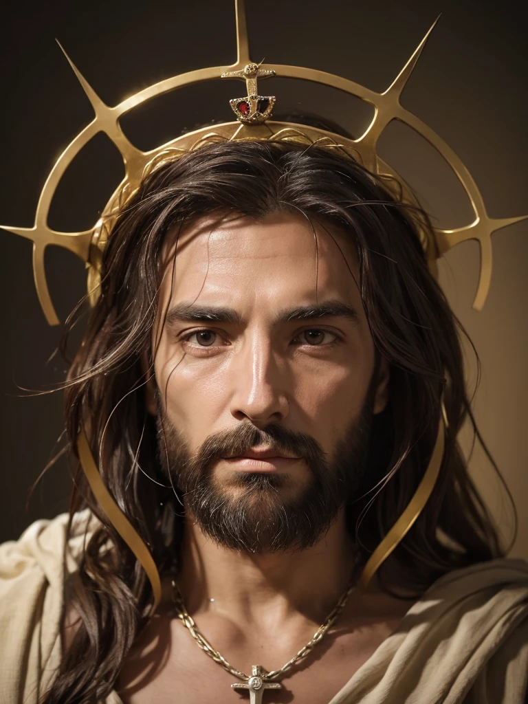 “((Realistic portrait of Jesus Christ)), full length, crown of thorns, crucifix, association, (intricate detail).”