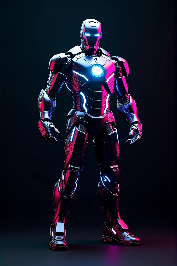 Create a iron man suit in a black blue and pink and the full black background 