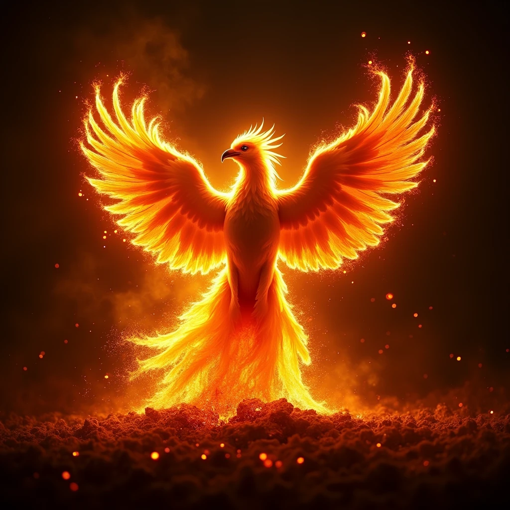 phoenix, fire, burning, fire storm, light particles, silhouette